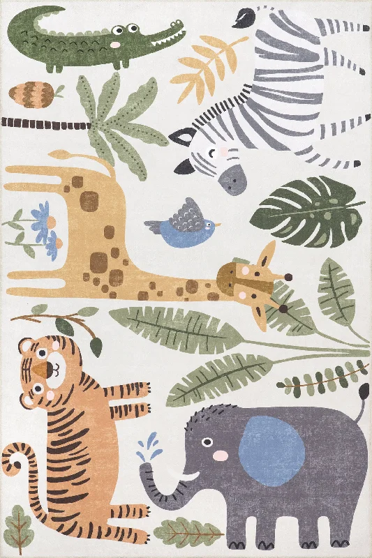 Debra Kids Washable Jungle Friends Rug | White Multicolor