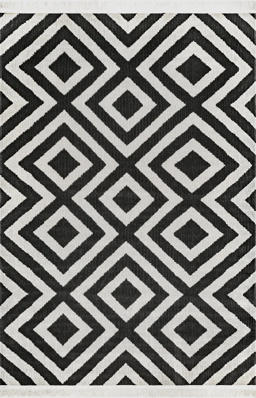 Diamond Mesh Fringed Indoor/Outdoor Rug | Black