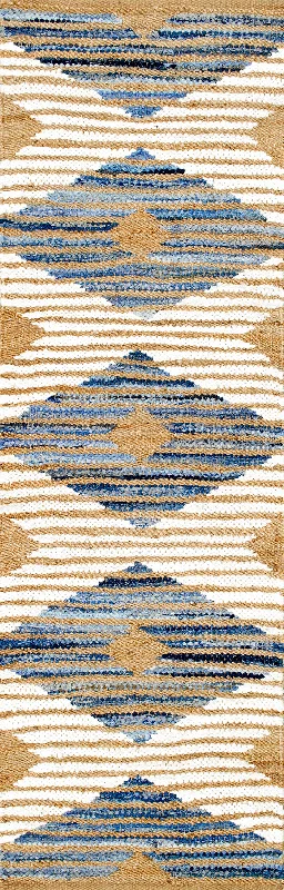 Hand Braided Denim And Jute Striped Diamonds Rug | Off White