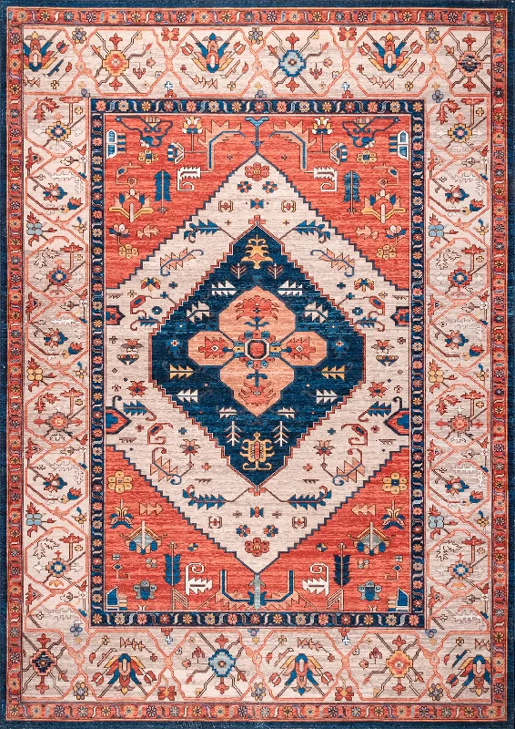 Tribal Medallion Washable Rug | Rust