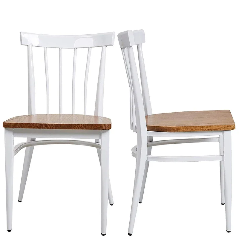 Set of 2 Dining Side Chairs Natural Wood Seat Iron Frame Kitchen Restaurant Chairs, Comb Back, White