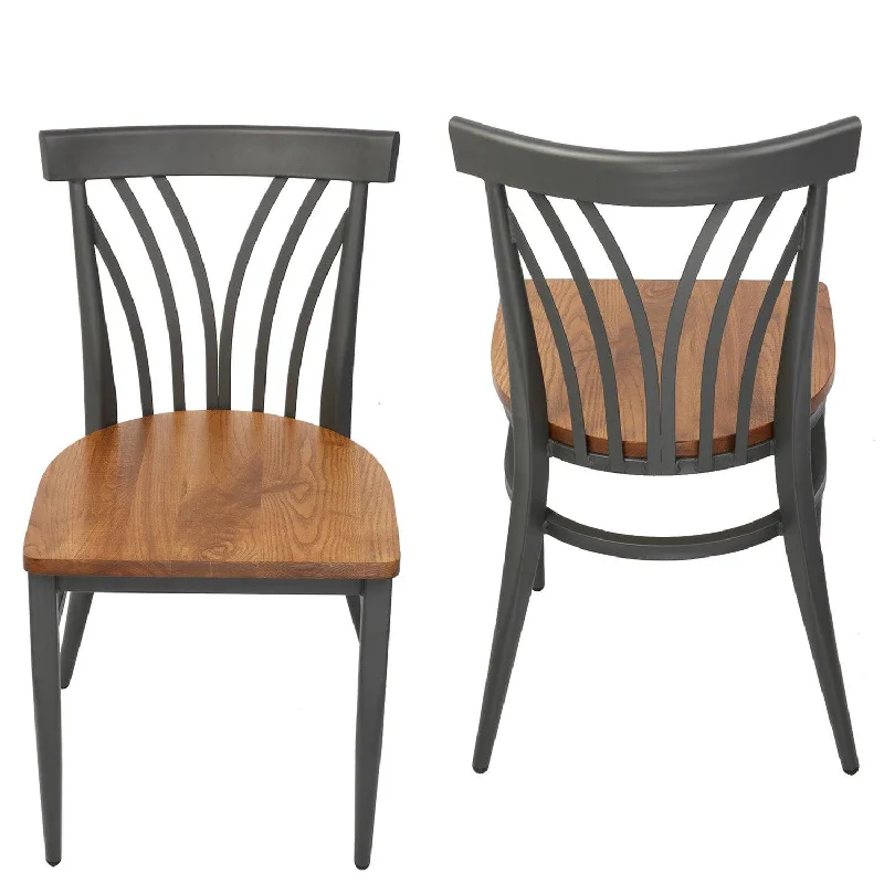 Set of 2 Kitchen Dining Chairs with Wood Seat Metal Legs Fully Assembled, Curve V Back, Dark Gray