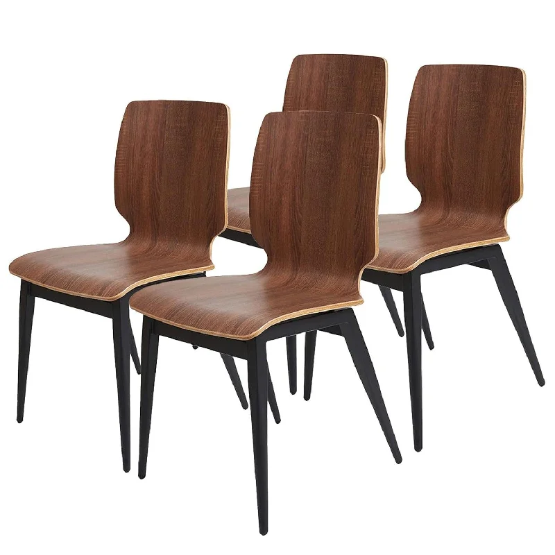 Set of 4 Modern Kitchen Chairs with Wooden Seats Metal Legs Dining Side Chair, Brown Curved Edge