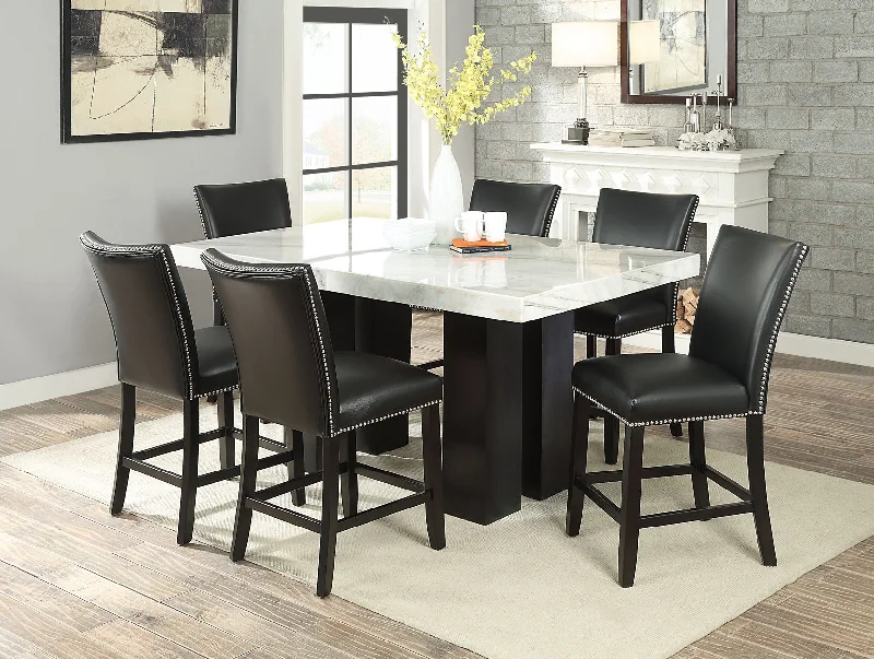 Camila 7 Piece Rectangular White Marble Top Counter Dining Set(Counter Table & 6 Counter Chairs)