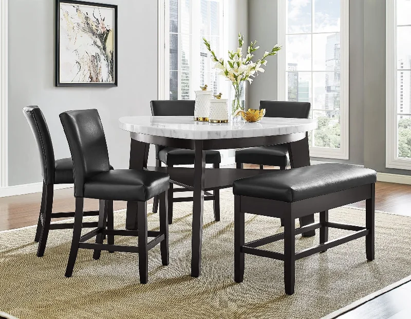 Carrara 6-Piece Marble Counter Dining Set(Table, Storage Bench & 4 Counter Chairs)