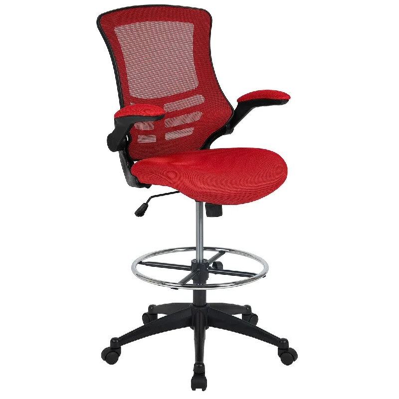 Kelista Mid-Back Red Mesh Ergonomic Drafting Chair | Adjustable Foot Ring, Flip-Up Arms | Comfort and Productivity