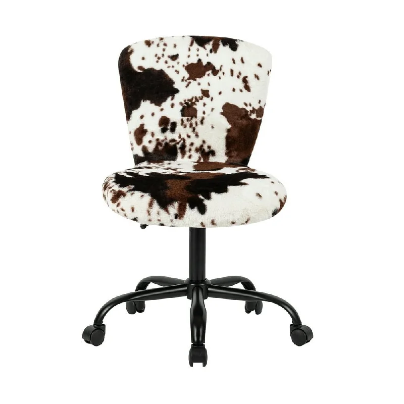 Mid Back Swivel Adjustable Vanity Chair with Faux Fur,Milk Cow