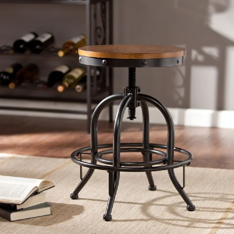 Niylah Industrial style Adjustable Stool in Distressed dark pine and black finish