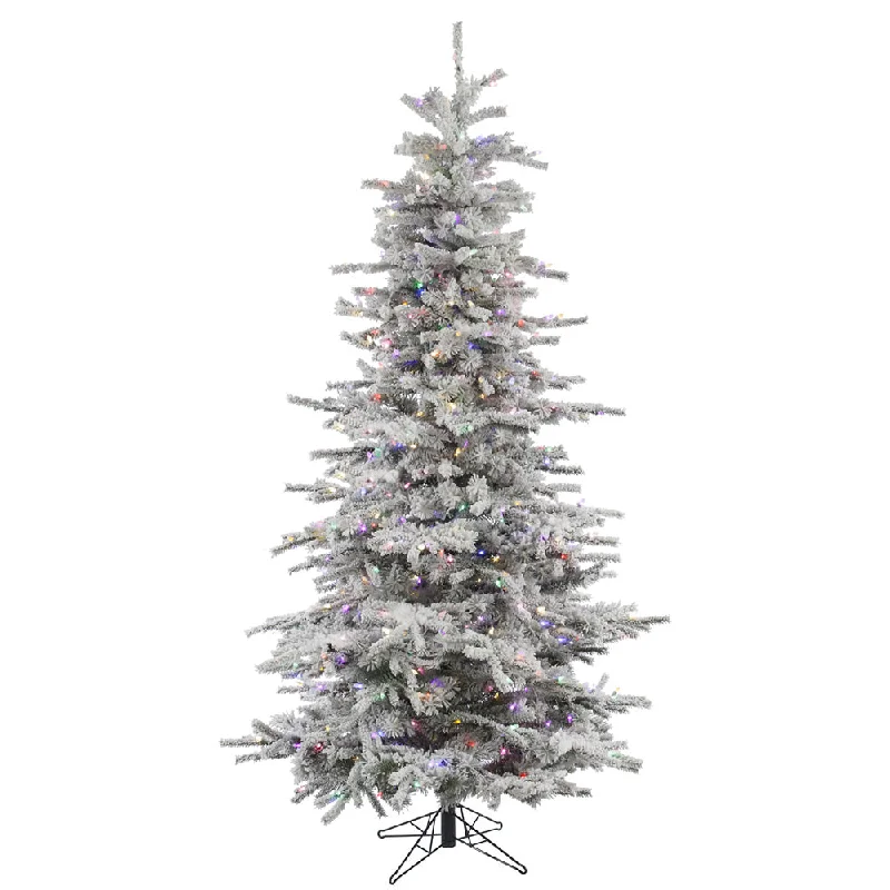 7.5' Flocked Sierra Fir Slim Artificial Xmas Tree Colored LED Dura-Lit lights