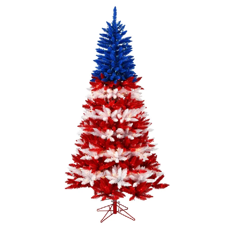 7.5' x 48" Centennial Pine Artificial Xmas Pencil Tree Red Clear and Blue Lights