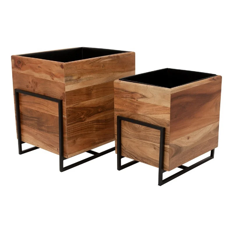 Benzara 18 inch Square Wood Planter with Metal Frame Base,Set of 2,Brown and Black