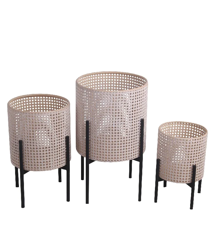 Benzara BM217053 Lattice Round Metal Planter with Tubular Base, Set of 3, Black and Beige