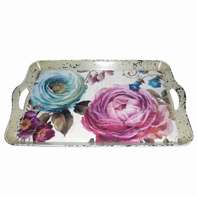 Benzara Distressed Metal Serving Tray with Elegant Rose Flower Artwork, Multicolor