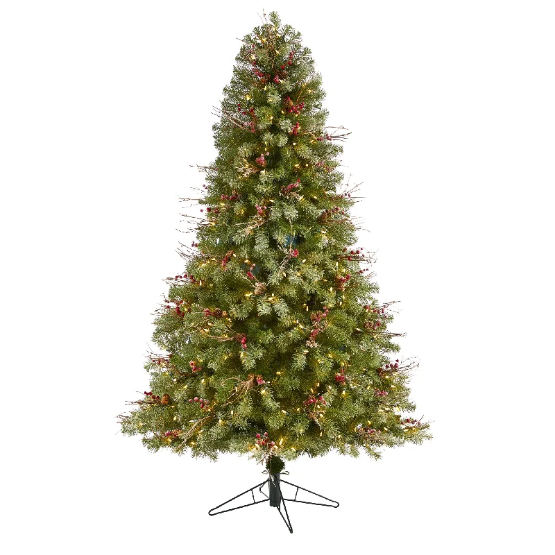 Nearly Natural 6.5` Lightly Frosted Big Sky Spruce Artificial Christmas Tree with 450 Clear (Multifunction) LED Lights with Instant Connect Technology, Berries, Pine Cones and 904 Bendable Branches