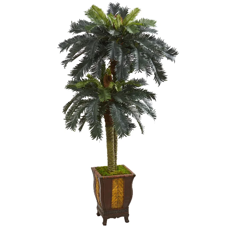 Nearly Natural 5628 6' Artificial Green Double Sago Palm Tree in Designer Planter