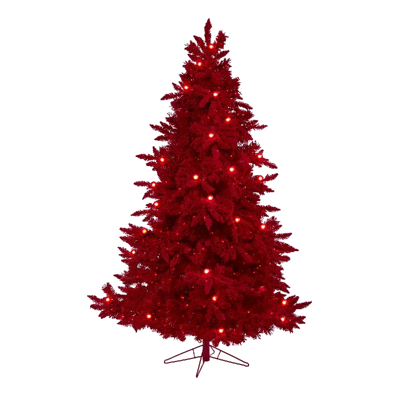 Nearly Natural 7` Red Flocked Fraser Fir Artificial Christmas Tree with 500 Red Lights, 40 Globe Bulbs and 1039 Bendable Branches