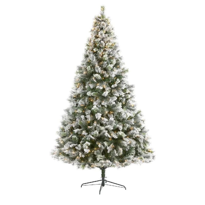 Nearly Natural 9` Flocked Oregon Pine Artificial Christmas Tree with 600 Clear Lights and 1580 Bendable Branches