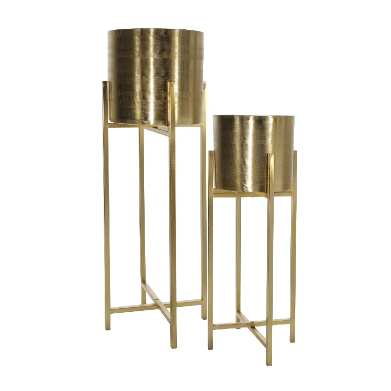 Sagebrook Home Set of 2 Metal 38/47`` Metal Planter On Stand, Gold/Gold