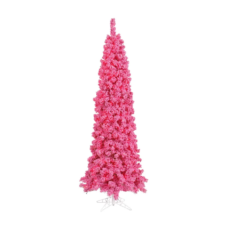 Vickerman 7.5' Flocked Pink Slim Fir Artificial Christmas Tree Pink Dura-lit LED